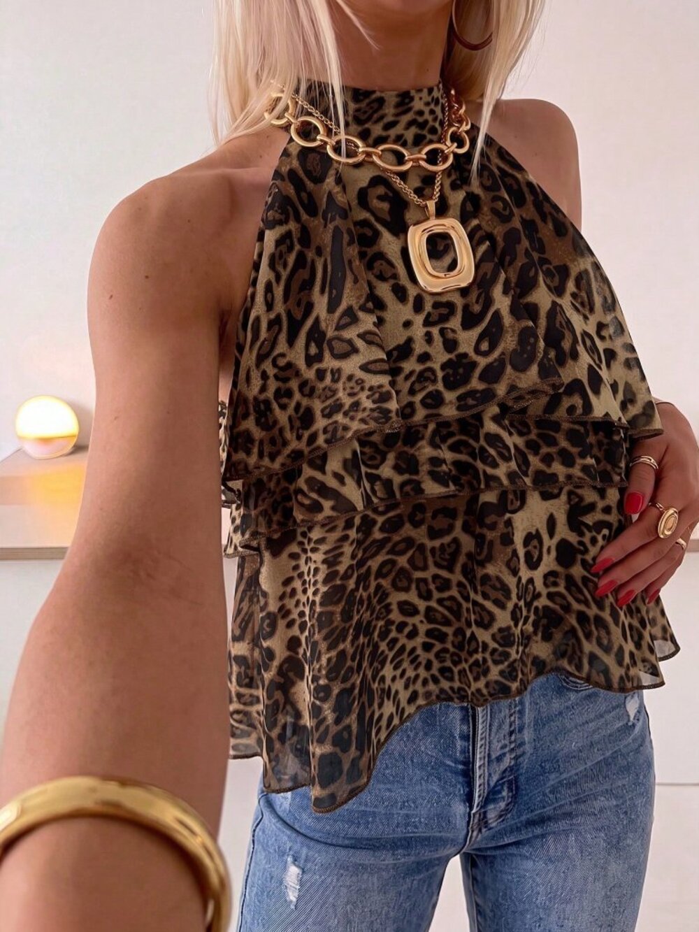 Multicolor Casual Women's Leopard Print Halter Neck Chiffon Top
